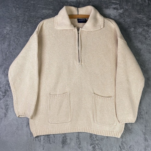 Liz Claiborne Sweaters - Vtg Liz Claiborne Sweater Womens S Cream Half Zip Collared Pockets Coastal 90s